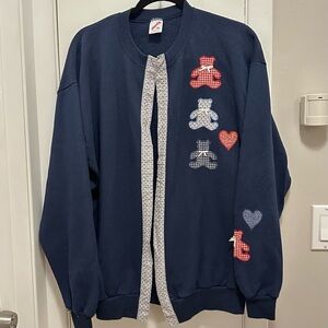 Vintage JERZEES Patchwork Sweatshirt Cardigan XL Teddy bears hearts grannycore